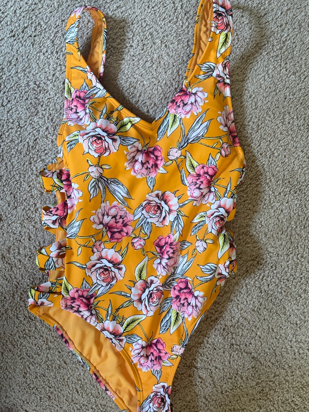 Xhilaration Yellow Floral One-Piece with Pink Rose Accents NEVER WORN